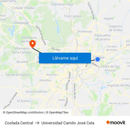 Coslada Central to Universidad Camilo José Cela map