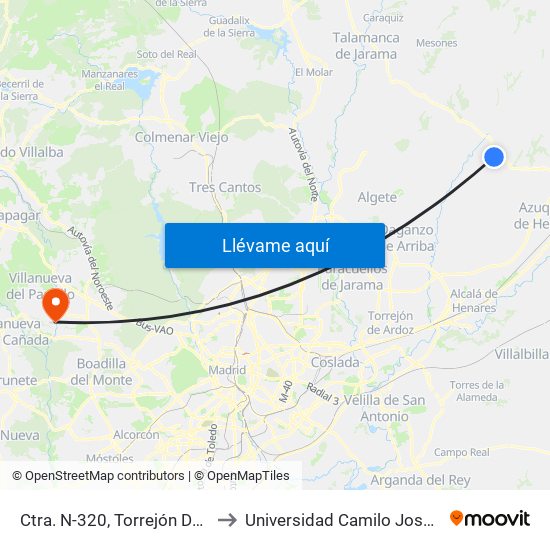 Ctra. N-320, Torrejón Del Rey to Universidad Camilo José Cela map