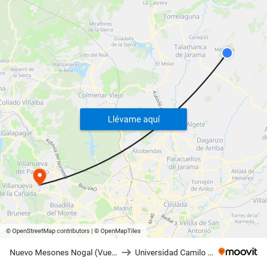 Nuevo Mesones Nogal (Vuelta), El Casar to Universidad Camilo José Cela map