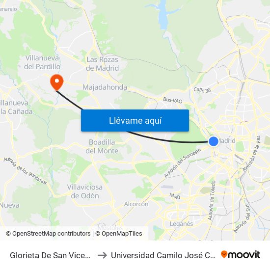 Glorieta De San Vicente to Universidad Camilo José Cela map