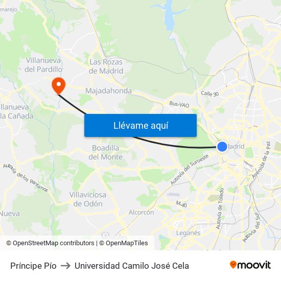 Príncipe Pío to Universidad Camilo José Cela map