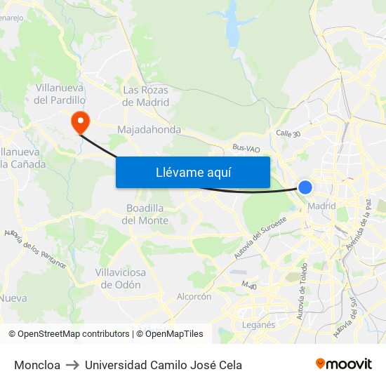 Moncloa to Universidad Camilo José Cela map