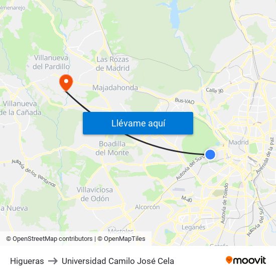 Higueras to Universidad Camilo José Cela map
