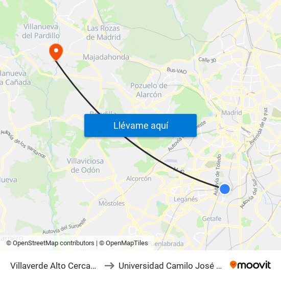 Villaverde Alto Cercanías to Universidad Camilo José Cela map