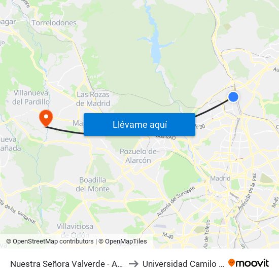 Nuestra Señora Valverde - Alonso Quijano to Universidad Camilo José Cela map