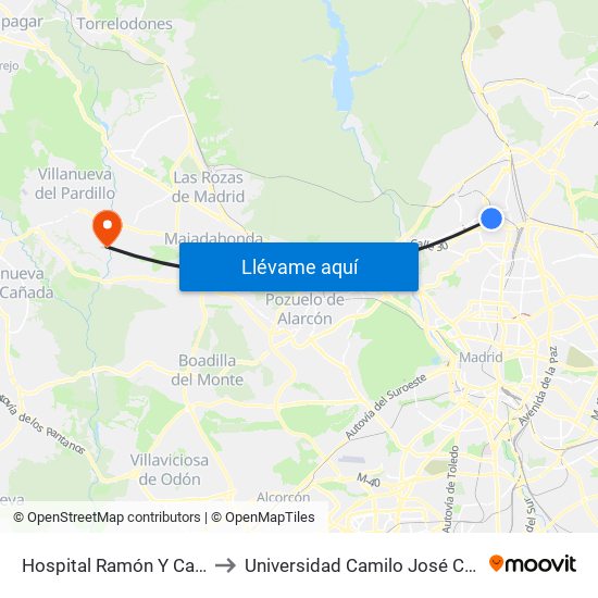 Hospital Ramón Y Cajal to Universidad Camilo José Cela map