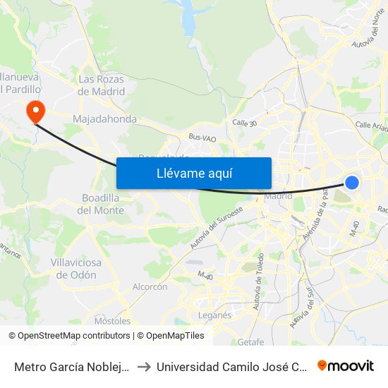 Metro García Noblejas to Universidad Camilo José Cela map