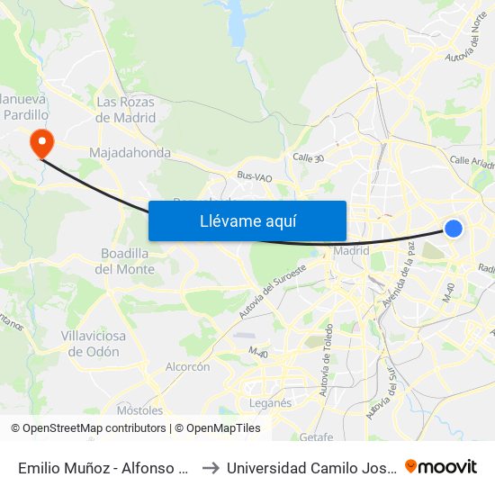 Emilio Muñoz - Alfonso Gómez to Universidad Camilo José Cela map