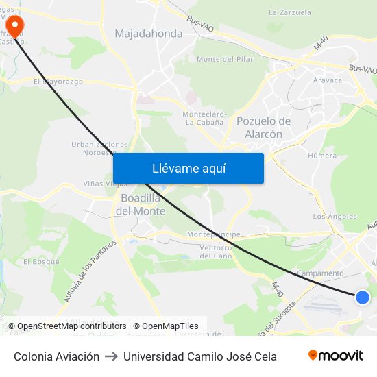 Colonia Aviación to Universidad Camilo José Cela map