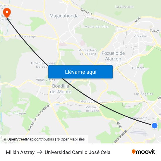 Millán Astray to Universidad Camilo José Cela map
