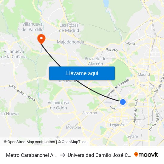 Metro Carabanchel Alto to Universidad Camilo José Cela map