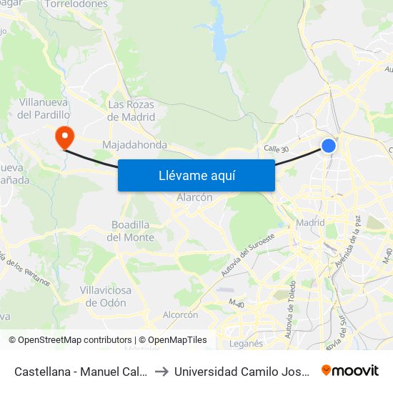 Castellana - Manuel Caldeiro to Universidad Camilo José Cela map