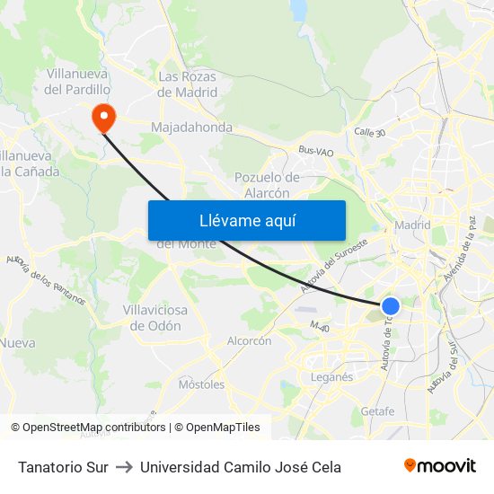 Tanatorio Sur to Universidad Camilo José Cela map