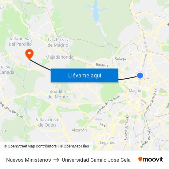 Nuevos Ministerios to Universidad Camilo José Cela map