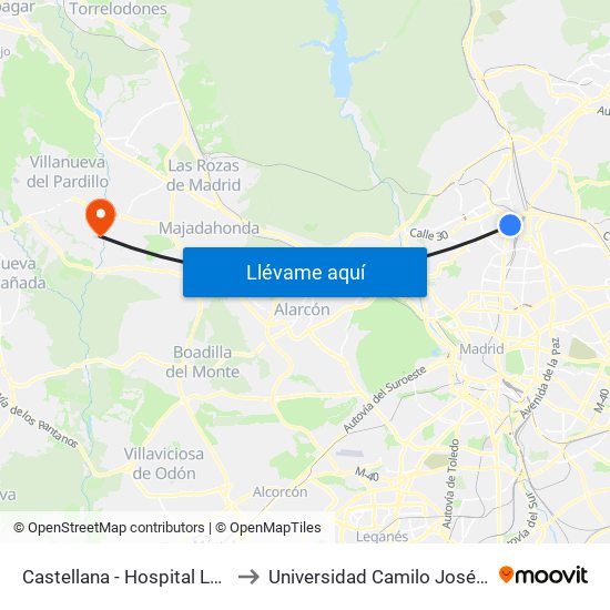 Castellana - Hospital La Paz to Universidad Camilo José Cela map