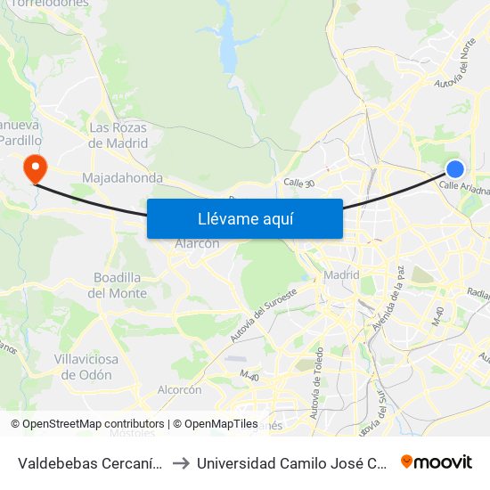 Valdebebas Cercanías to Universidad Camilo José Cela map