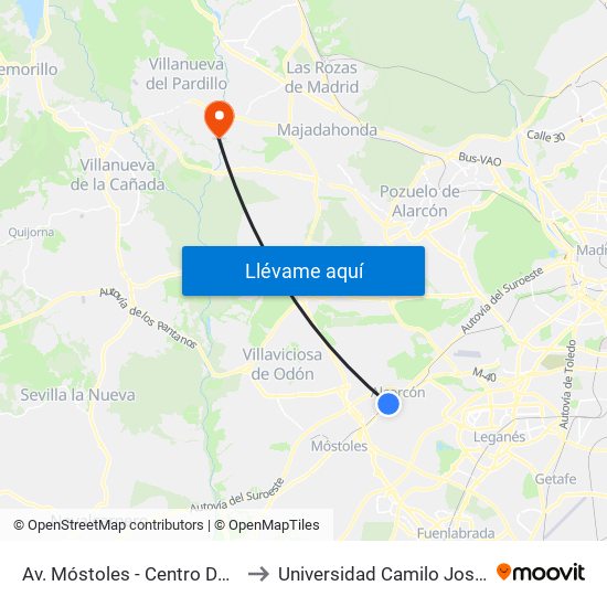 Av. Móstoles - Centro De Salud to Universidad Camilo José Cela map