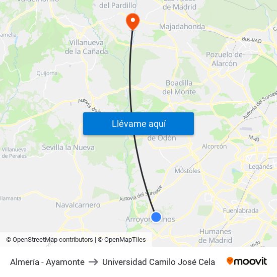 Almería - Ayamonte to Universidad Camilo José Cela map