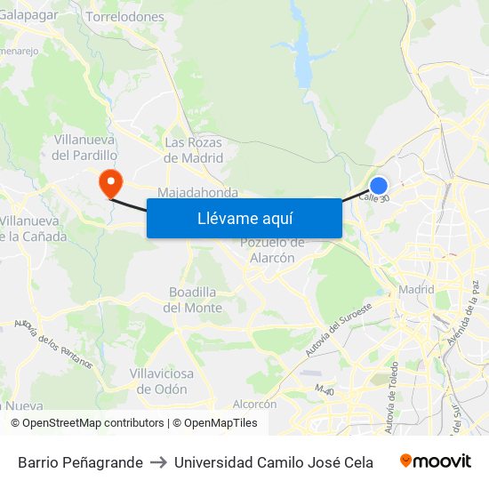 Barrio Peñagrande to Universidad Camilo José Cela map