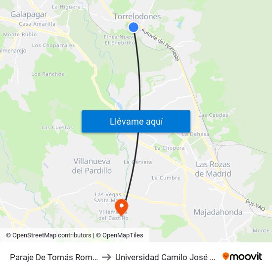 Paraje De Tomás Romera to Universidad Camilo José Cela map