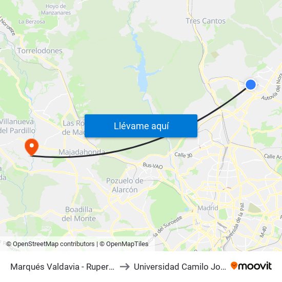 Marqués Valdavia - Ruperto Chapí to Universidad Camilo José Cela map