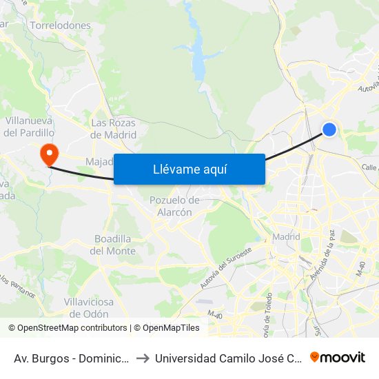 Av. Burgos - Dominicos to Universidad Camilo José Cela map