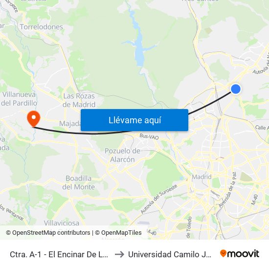 Ctra. A-1 - El Encinar De Los Reyes to Universidad Camilo José Cela map