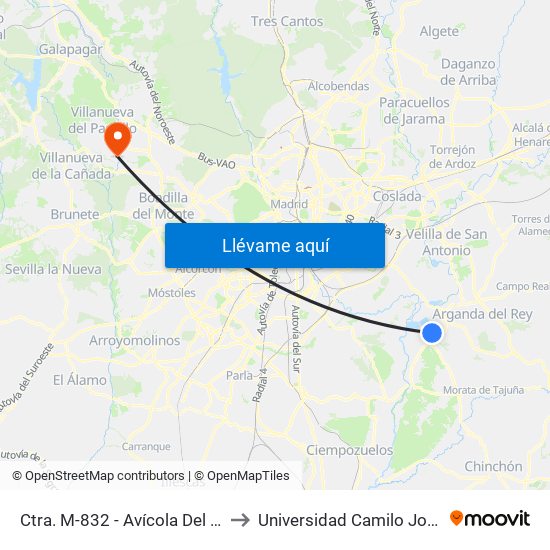 Ctra. M-832 - Avícola Del Jarama to Universidad Camilo José Cela map
