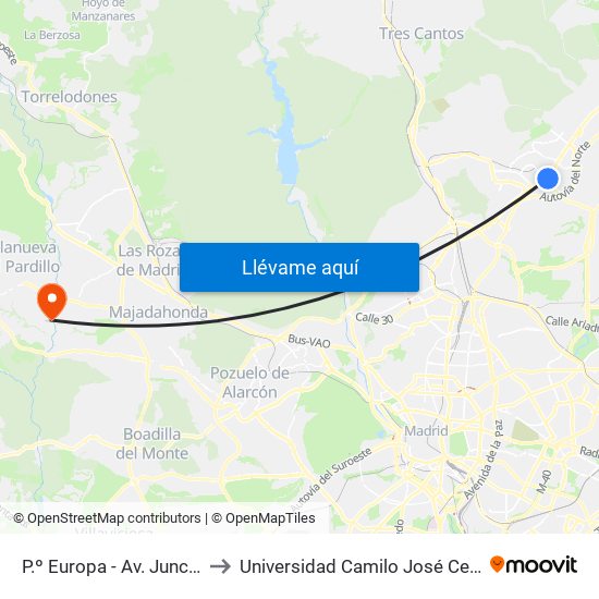 P.º Europa - Av. Juncal to Universidad Camilo José Cela map