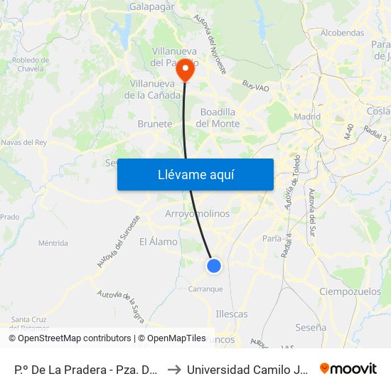 P.º De La Pradera - Pza. Del Puente to Universidad Camilo José Cela map