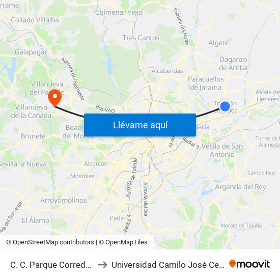 C. C. Parque Corredor to Universidad Camilo José Cela map