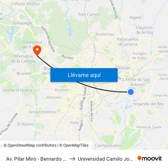Av. Pilar Miró - Bernardo Atxaga to Universidad Camilo José Cela map