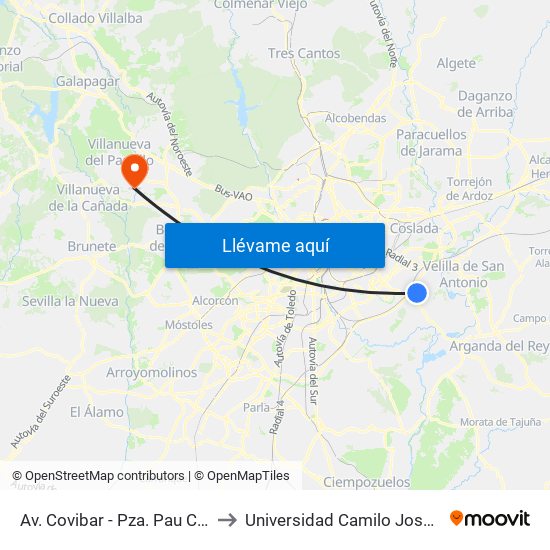 Av. Covibar - Pza. Pau Casals to Universidad Camilo José Cela map
