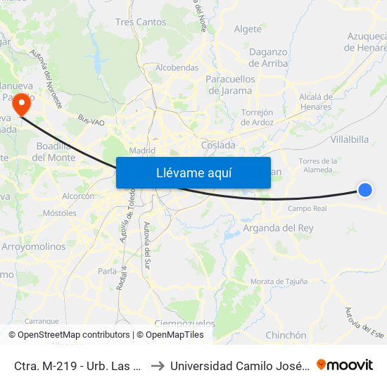 Ctra. M-219 - Urb. Las Villas to Universidad Camilo José Cela map