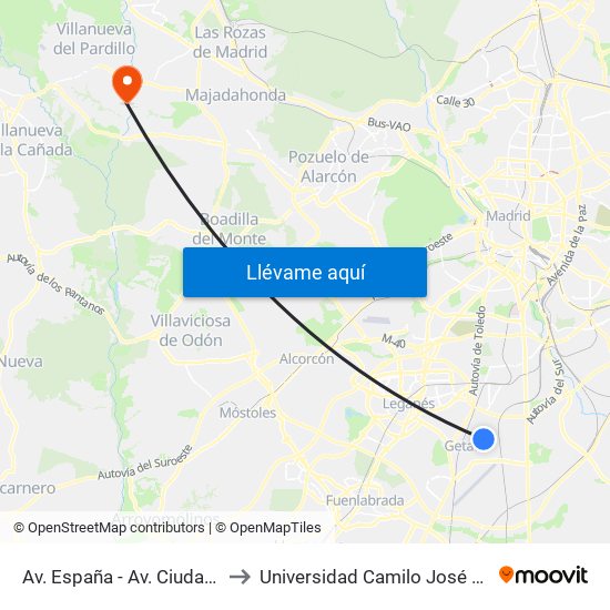 Av. España - Av. Ciudades to Universidad Camilo José Cela map