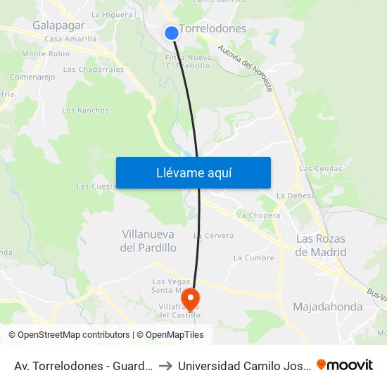 Av. Torrelodones - Guardia Civil to Universidad Camilo José Cela map