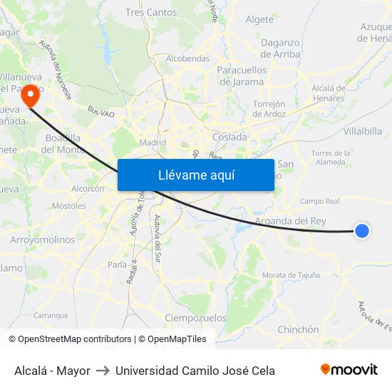 Alcalá - Mayor to Universidad Camilo José Cela map