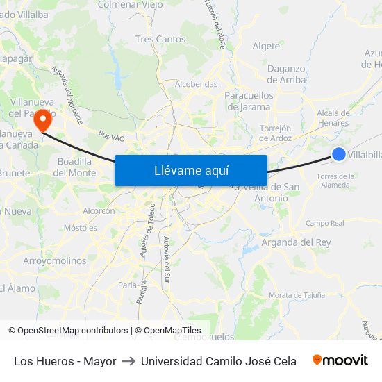 Los Hueros - Mayor to Universidad Camilo José Cela map