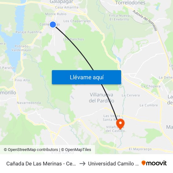 Cañada De Las Merinas - Centro De Salud to Universidad Camilo José Cela map
