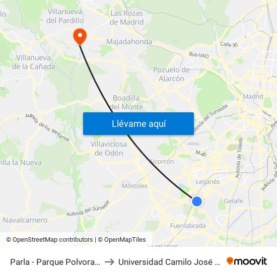 Parla - Parque Polvoranca to Universidad Camilo José Cela map