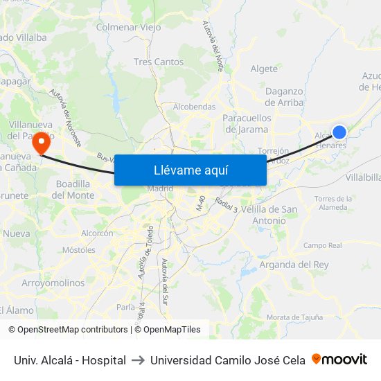 Univ. Alcalá - Hospital to Universidad Camilo José Cela map