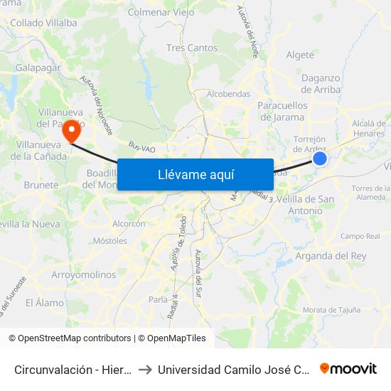 Circunvalación - Hierro to Universidad Camilo José Cela map