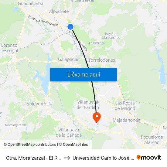 Ctra. Moralzarzal - El Roble to Universidad Camilo José Cela map