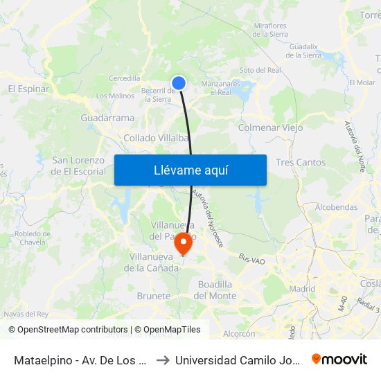 Mataelpino - Av. De Los Linares to Universidad Camilo José Cela map