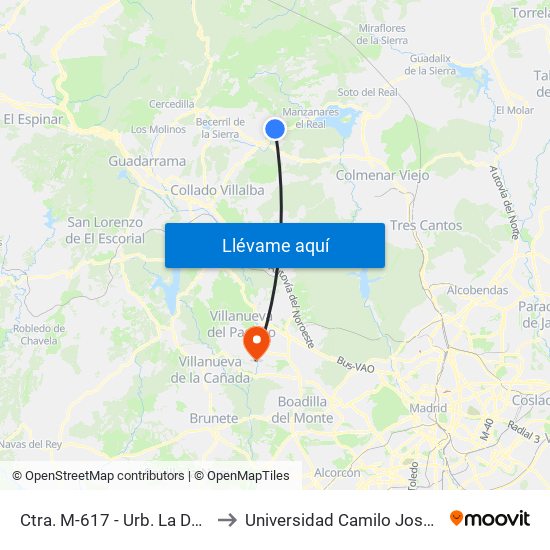 Ctra. M-617 - Urb. La Dehesa to Universidad Camilo José Cela map