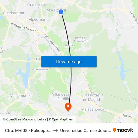 Ctra. M-608 - Polideportivo to Universidad Camilo José Cela map