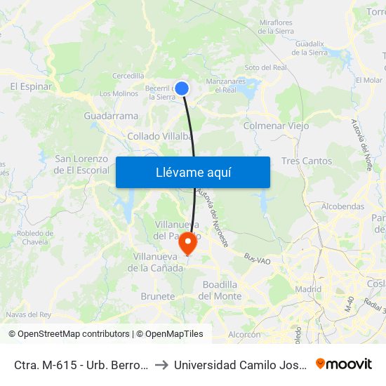 Ctra. M-615 - Urb. Berrocal IV to Universidad Camilo José Cela map