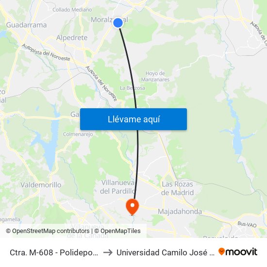Ctra. M-608 - Polideportivo to Universidad Camilo José Cela map
