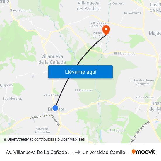 Av. Villanueva De La Cañada - Centro Salud to Universidad Camilo José Cela map