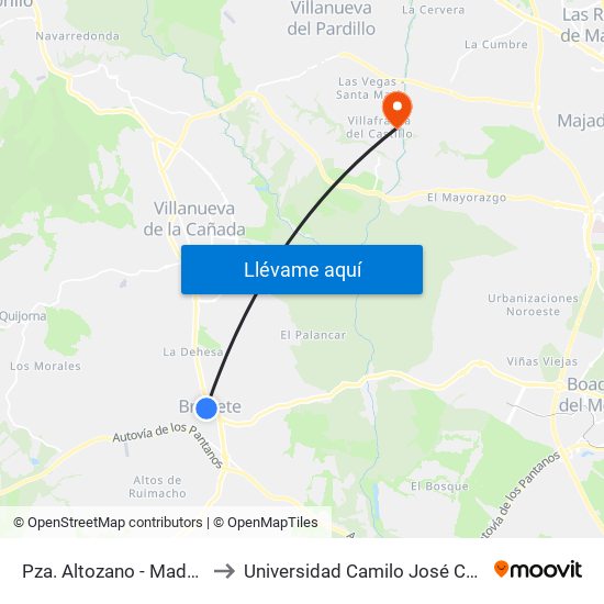 Pza. Altozano - Madrid to Universidad Camilo José Cela map